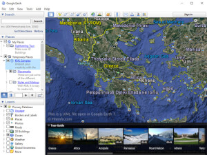 Skærmbillede af en .kml-fil i Google Earth 7